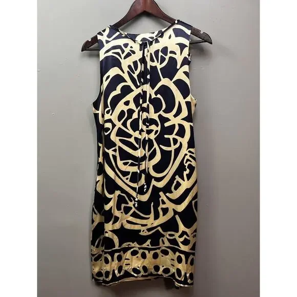 eci New York Dress Womens 10 Blue Silk Sleeveless Navy Ruffle Sheath‎ Floral - Picture 2 of 6